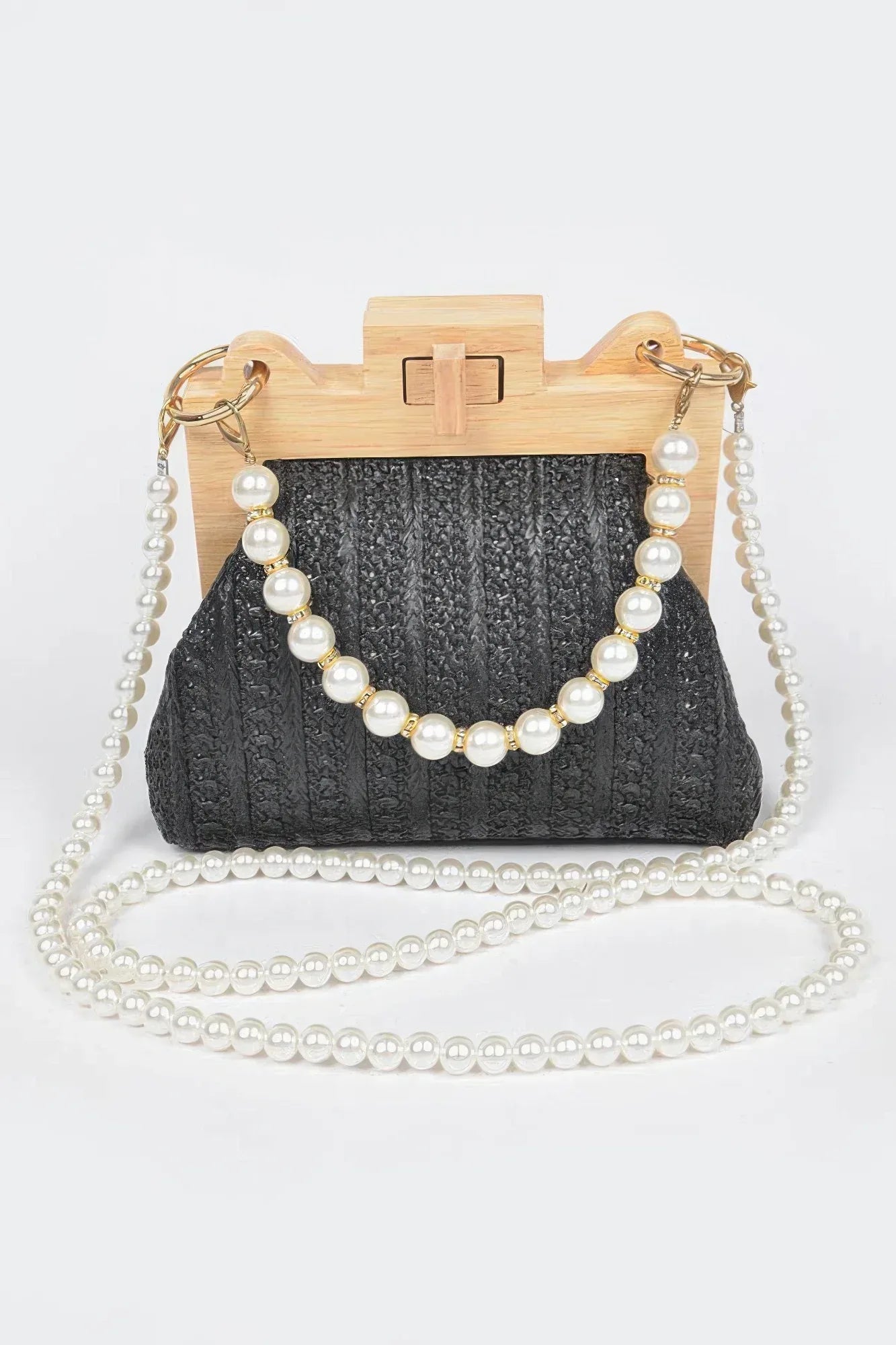 Faux Straw Wood Frame Clutch W/ Faux Pearl Chain | Mixtshop LLC Main image