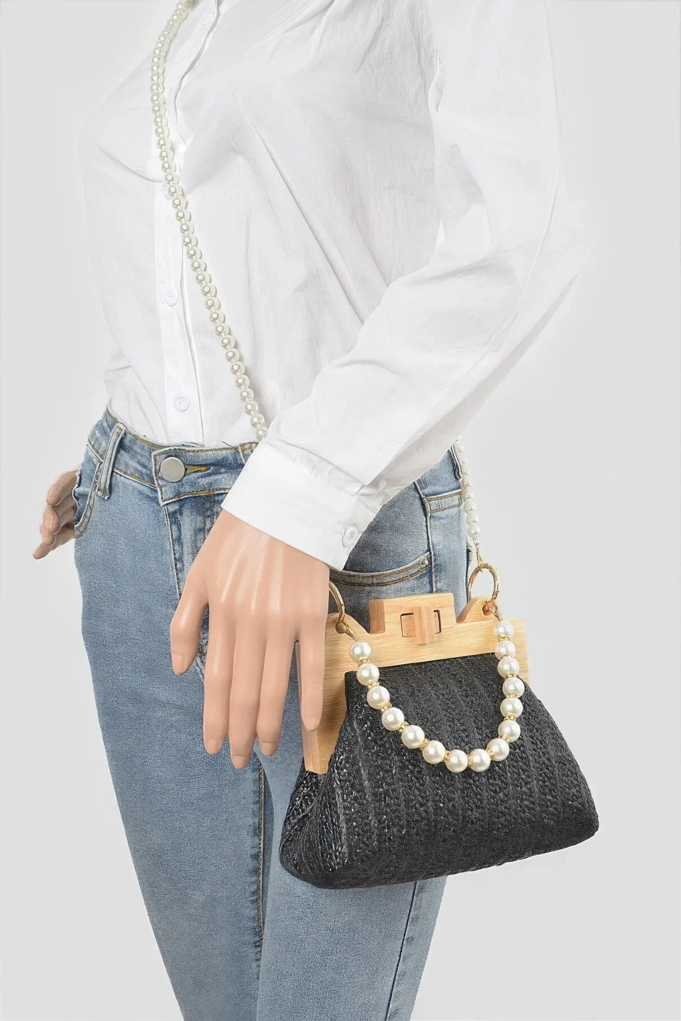 Faux Straw Wood Frame Clutch W/ Faux Pearl Chain | Mixtshop LLC