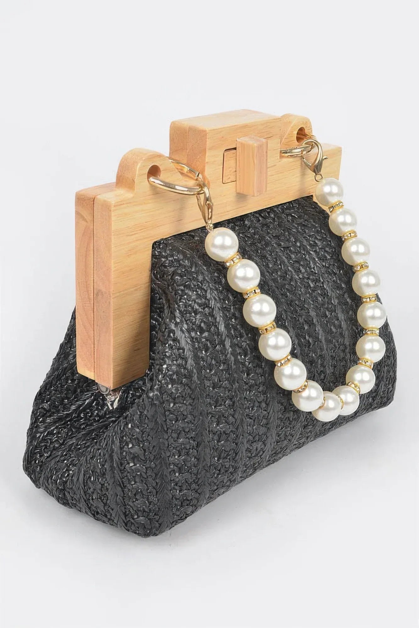Faux Straw Wood Frame Clutch W/ Faux Pearl Chain | Mixtshop LLC