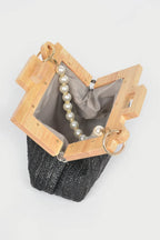 Faux Straw Wood Frame Clutch W/ Faux Pearl Chain | Mixtshop LLC