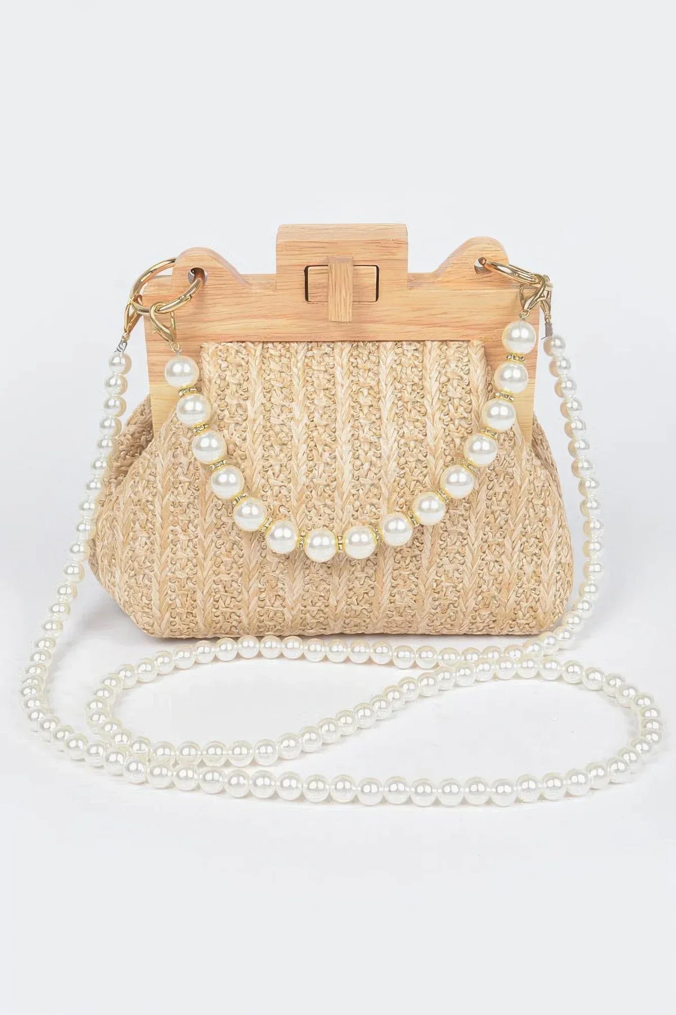 Faux Straw Wood Frame Clutch W/ Faux Pearl Chain | Mixtshop LLC