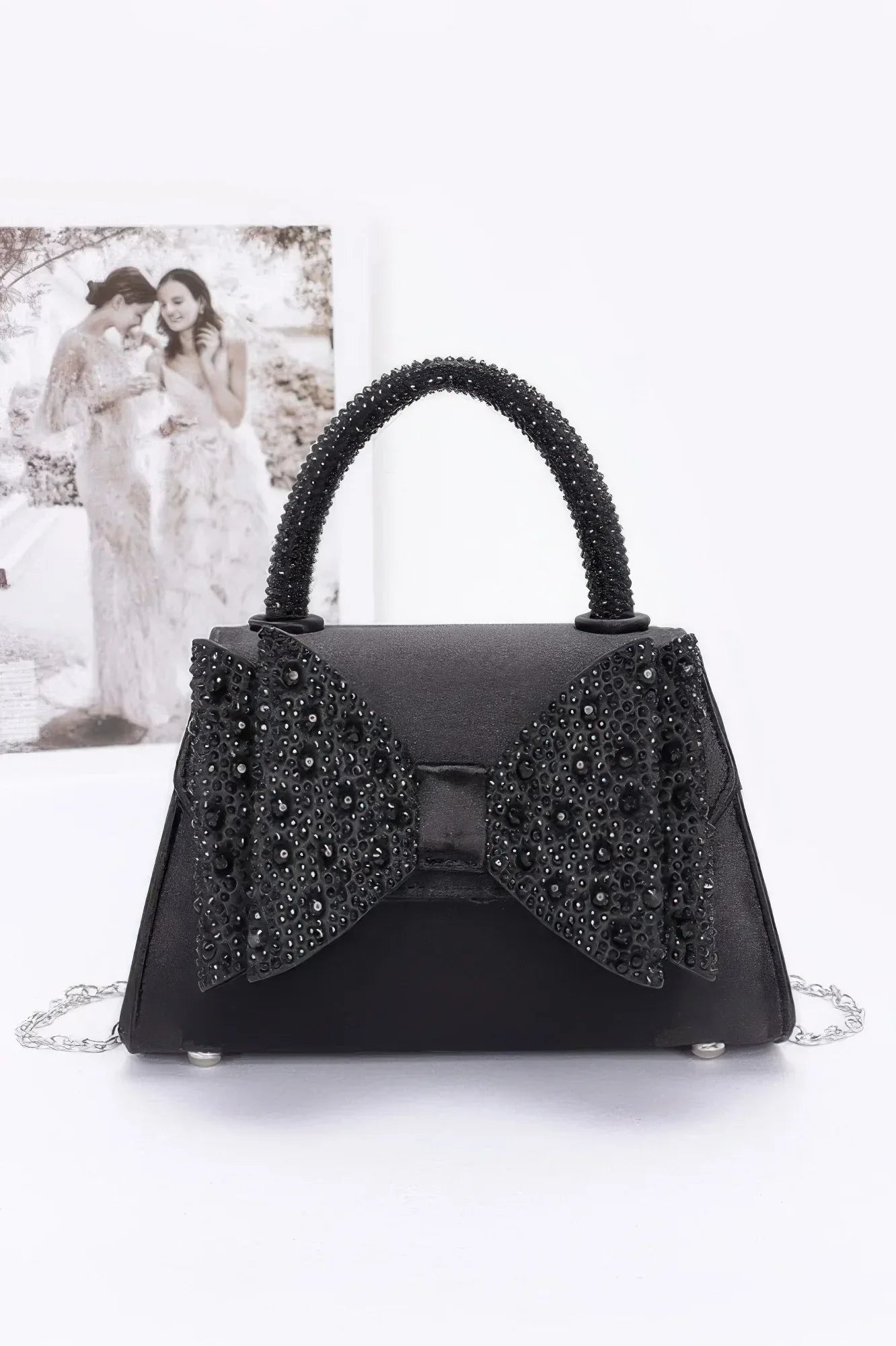 Rhinestone Ribbon Top Handle Satin Flap Bag | Mixtshop LLC