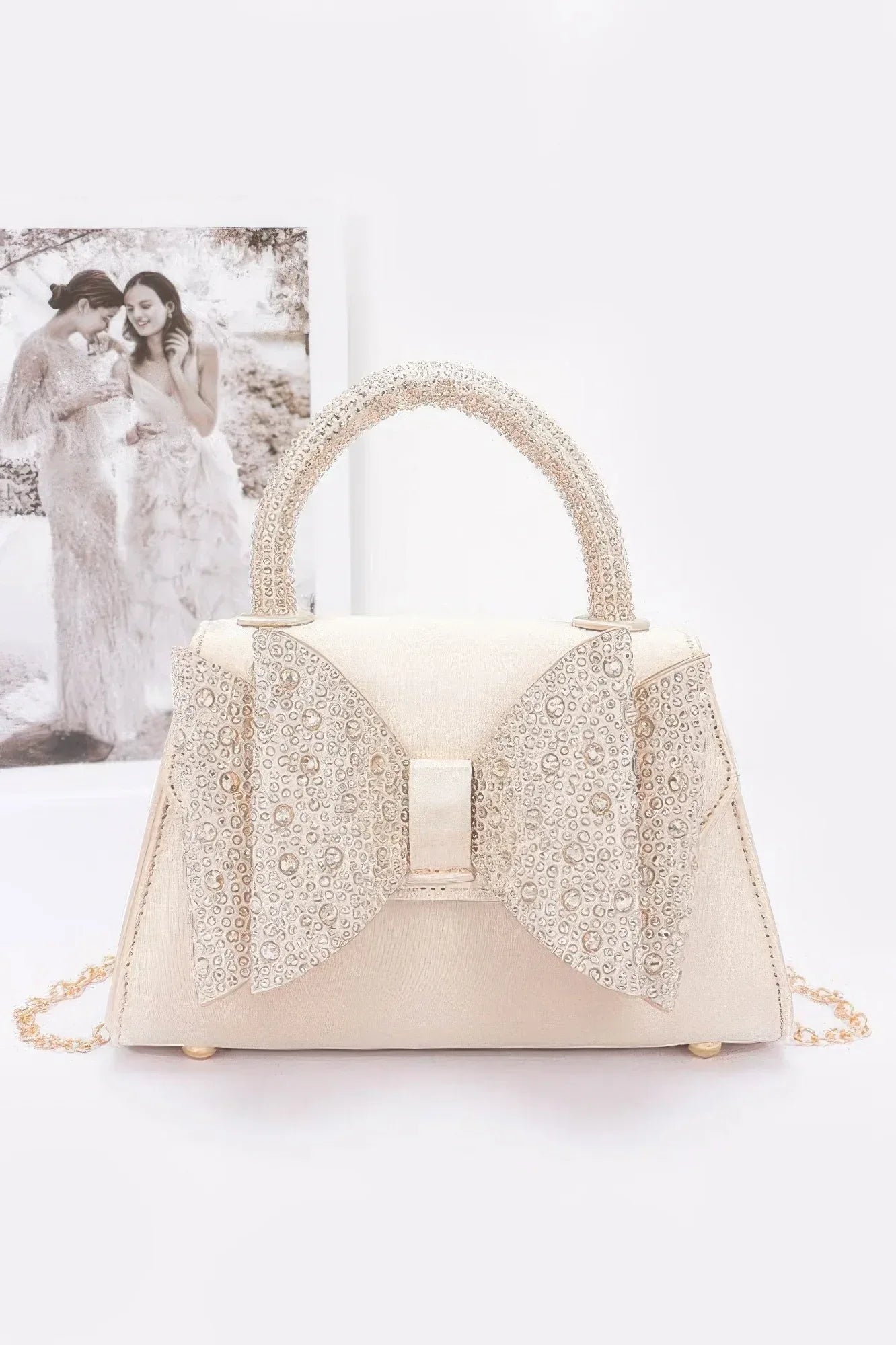 Rhinestone Ribbon Top Handle Satin Flap Bag | Mixtshop LLC