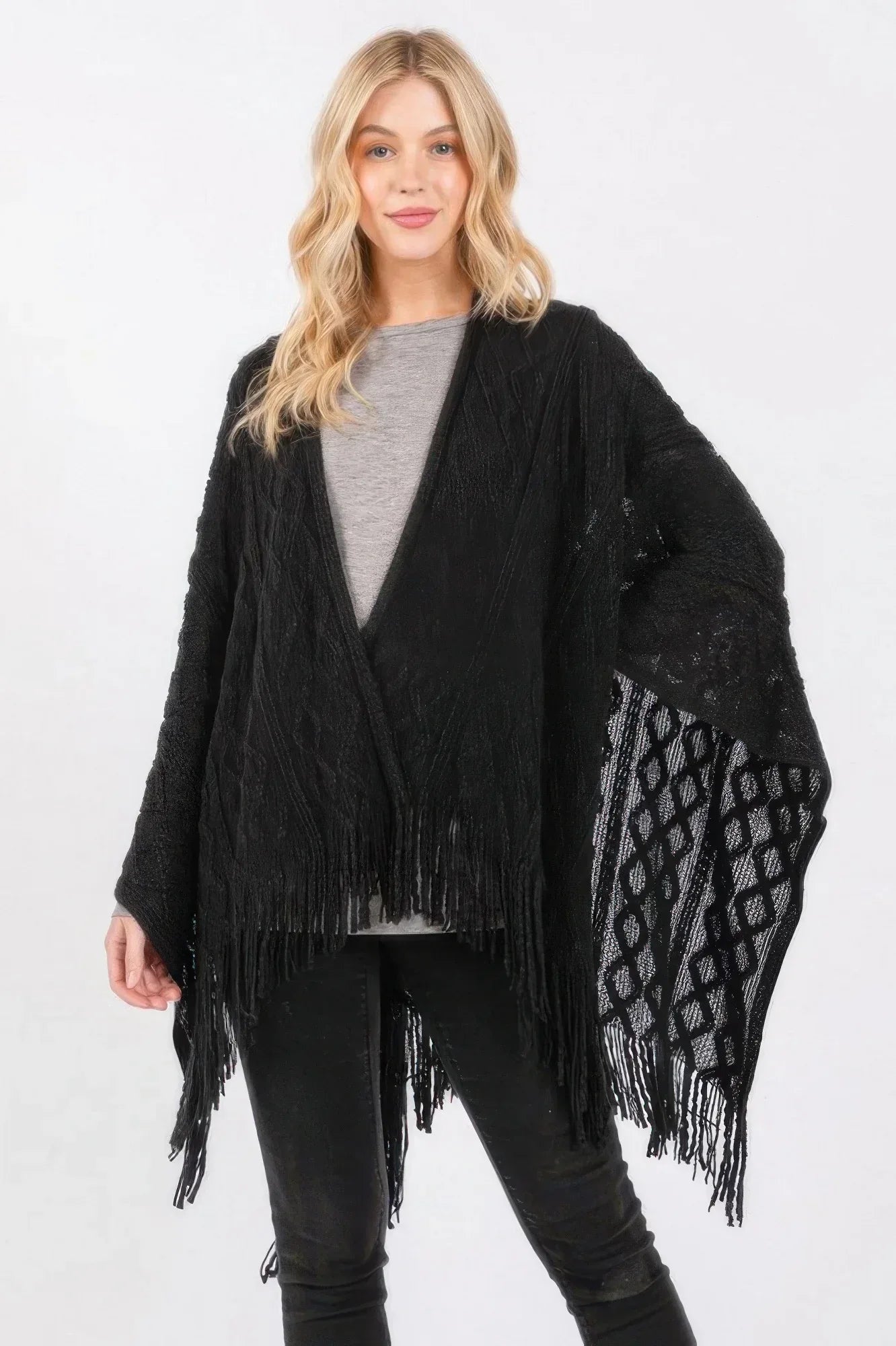 Diamond Pattern Tassel Knit Ruana | Mixtshop LLC