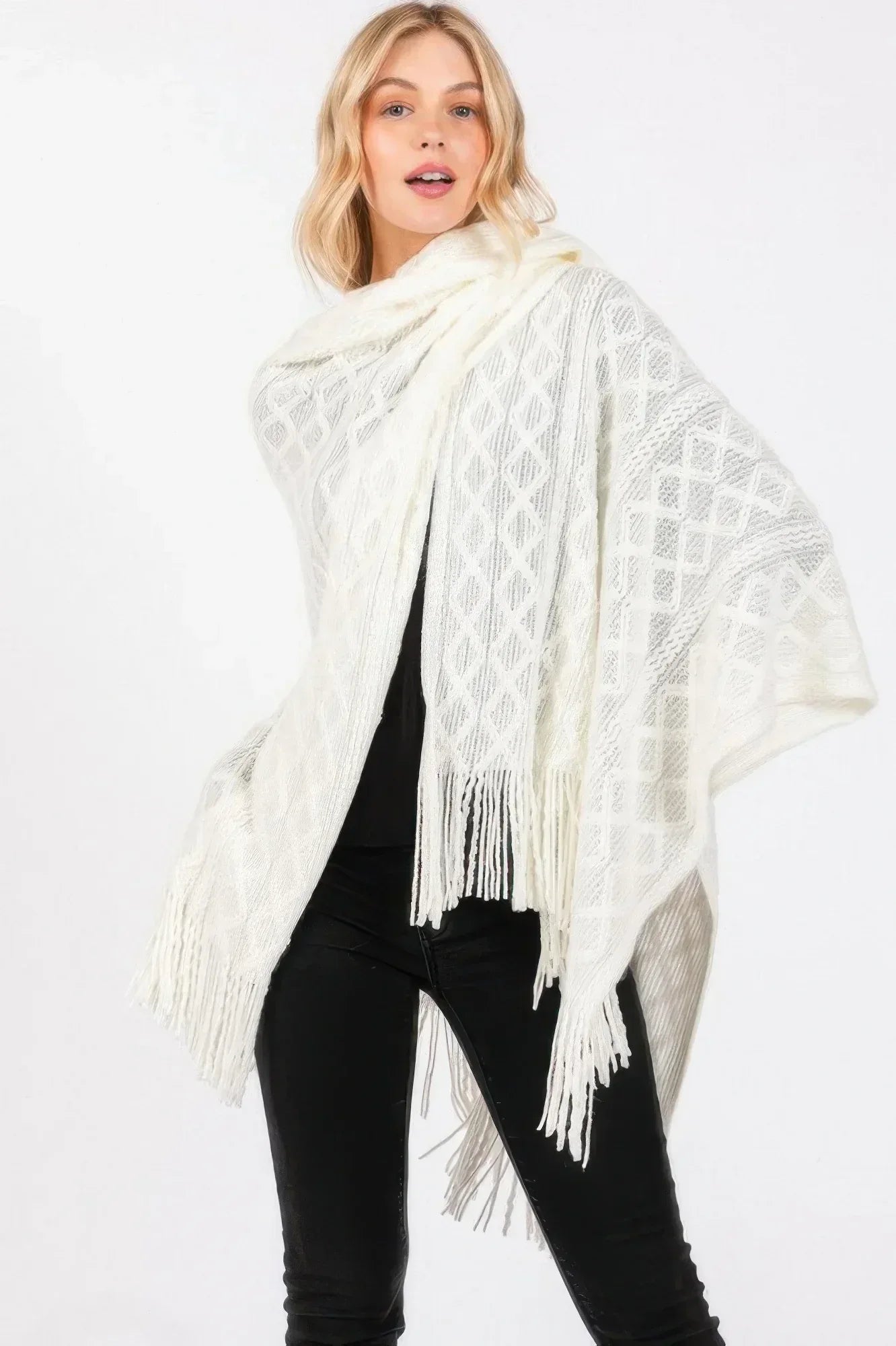 Diamond Pattern Tassel Knit Ruana | Mixtshop LLC