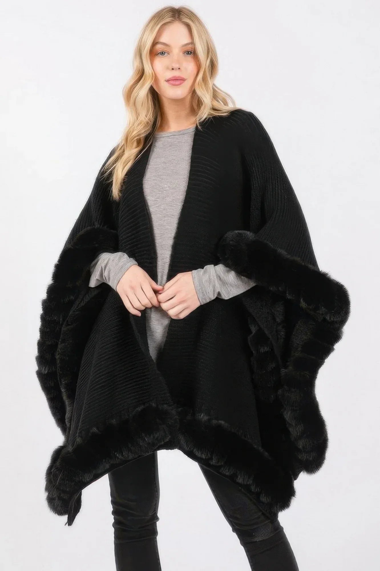 Faux Fur Trim Cape With Closure | Mixtshop LLC