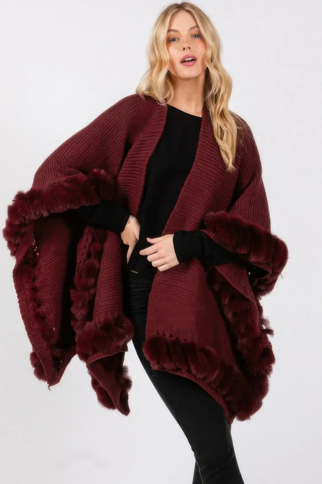 Faux Fur Trim Cape With Closure Secondary image