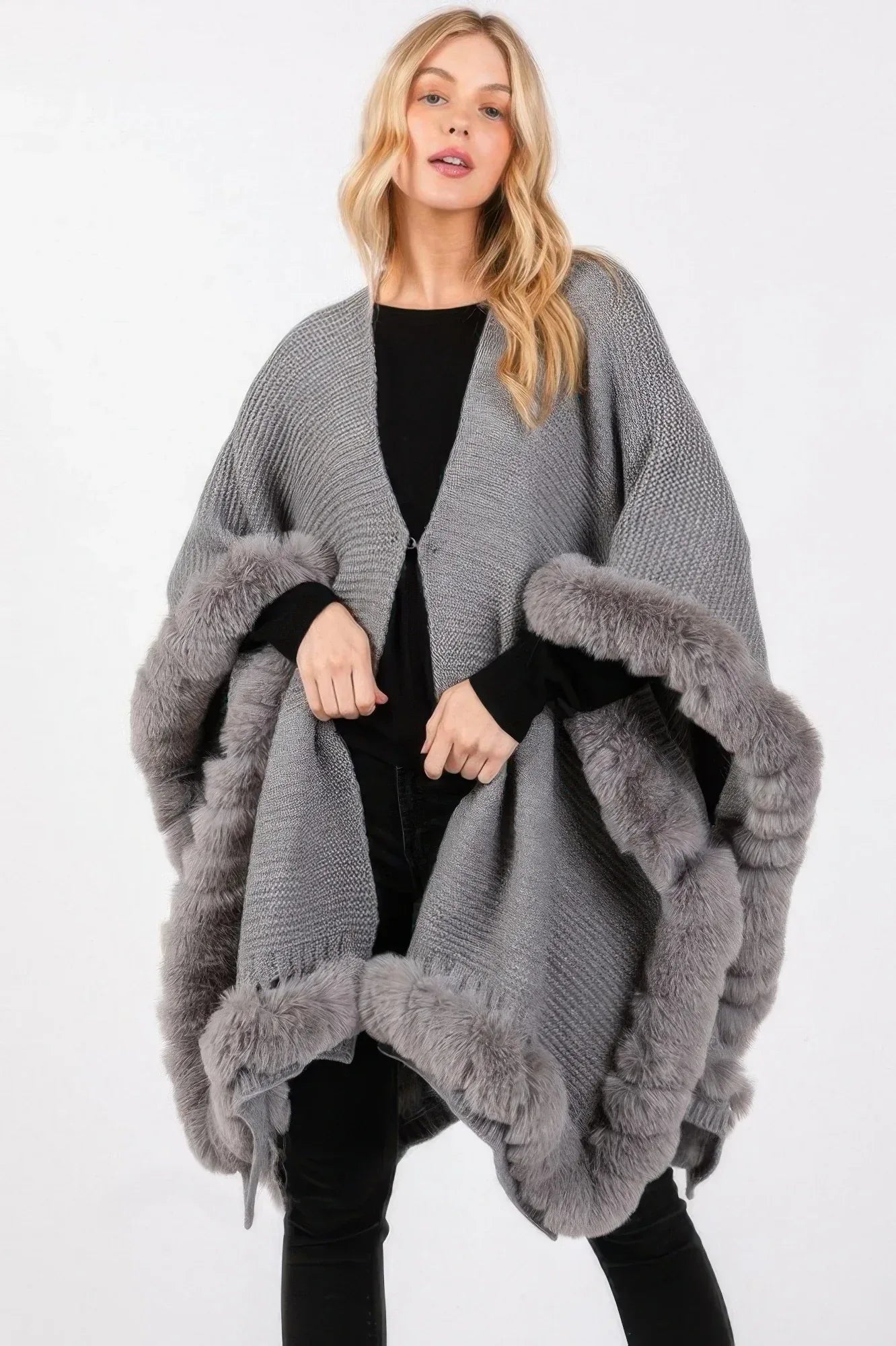 Faux Fur Trim Cape With Closure | Mixtshop LLC