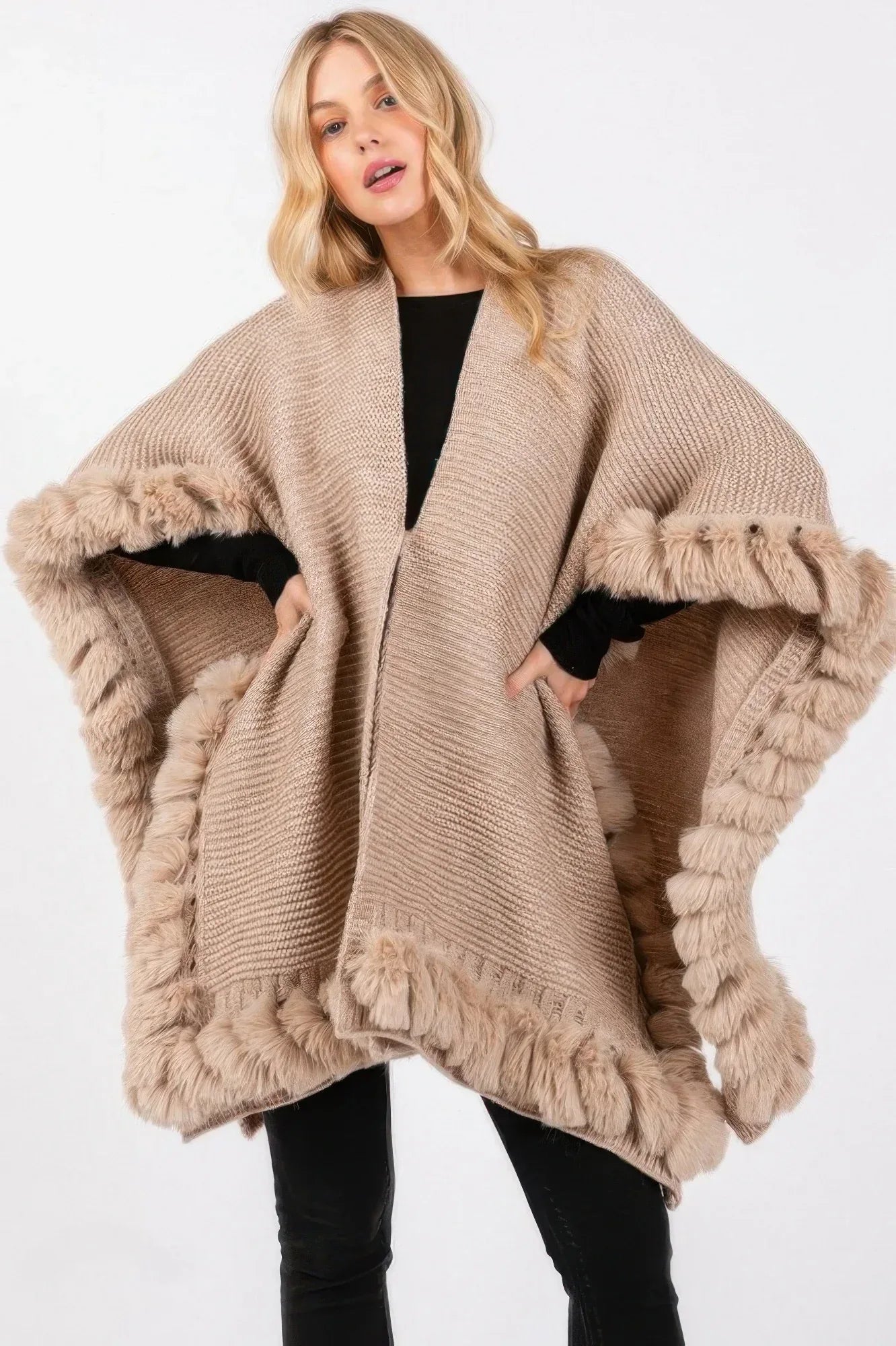 Faux Fur Trim Cape With Closure | Mixtshop LLC