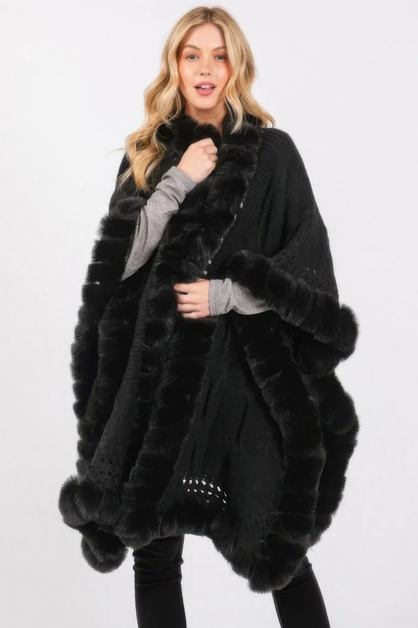 Faux Fur Collar And Trim Cape With Closure | Mixtshop LLC