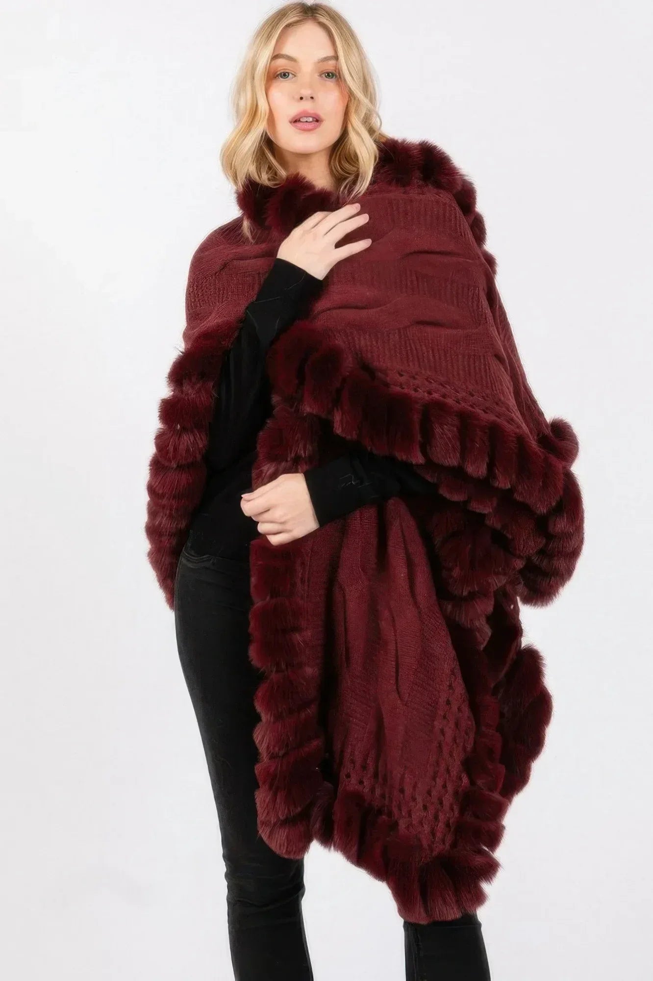 Faux Fur Collar And Trim Cape With Closure Secondary image