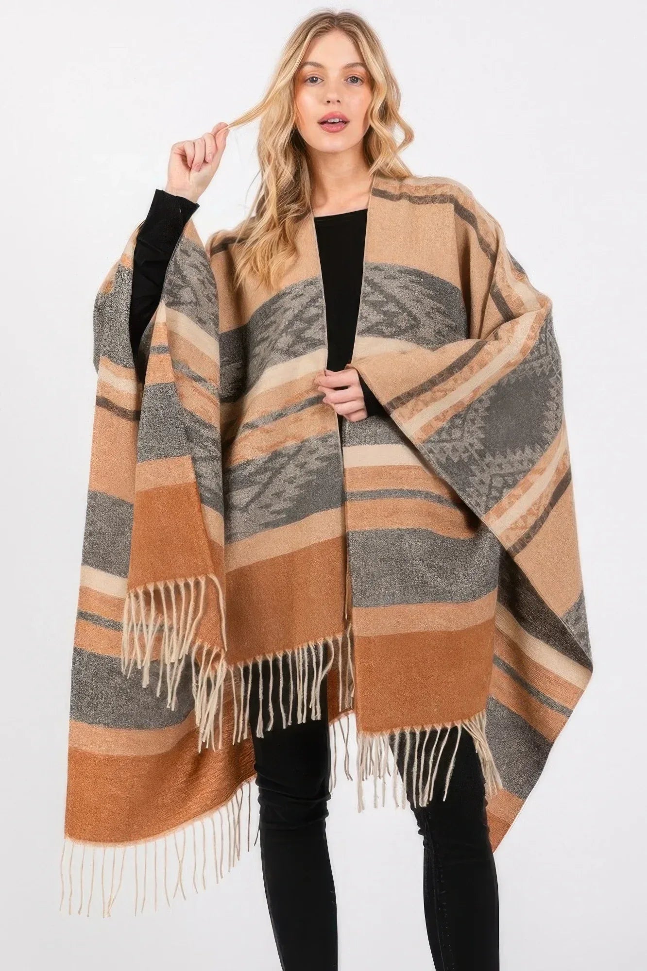 Aztec Pattern Fringe Ruana | Mixtshop LLC