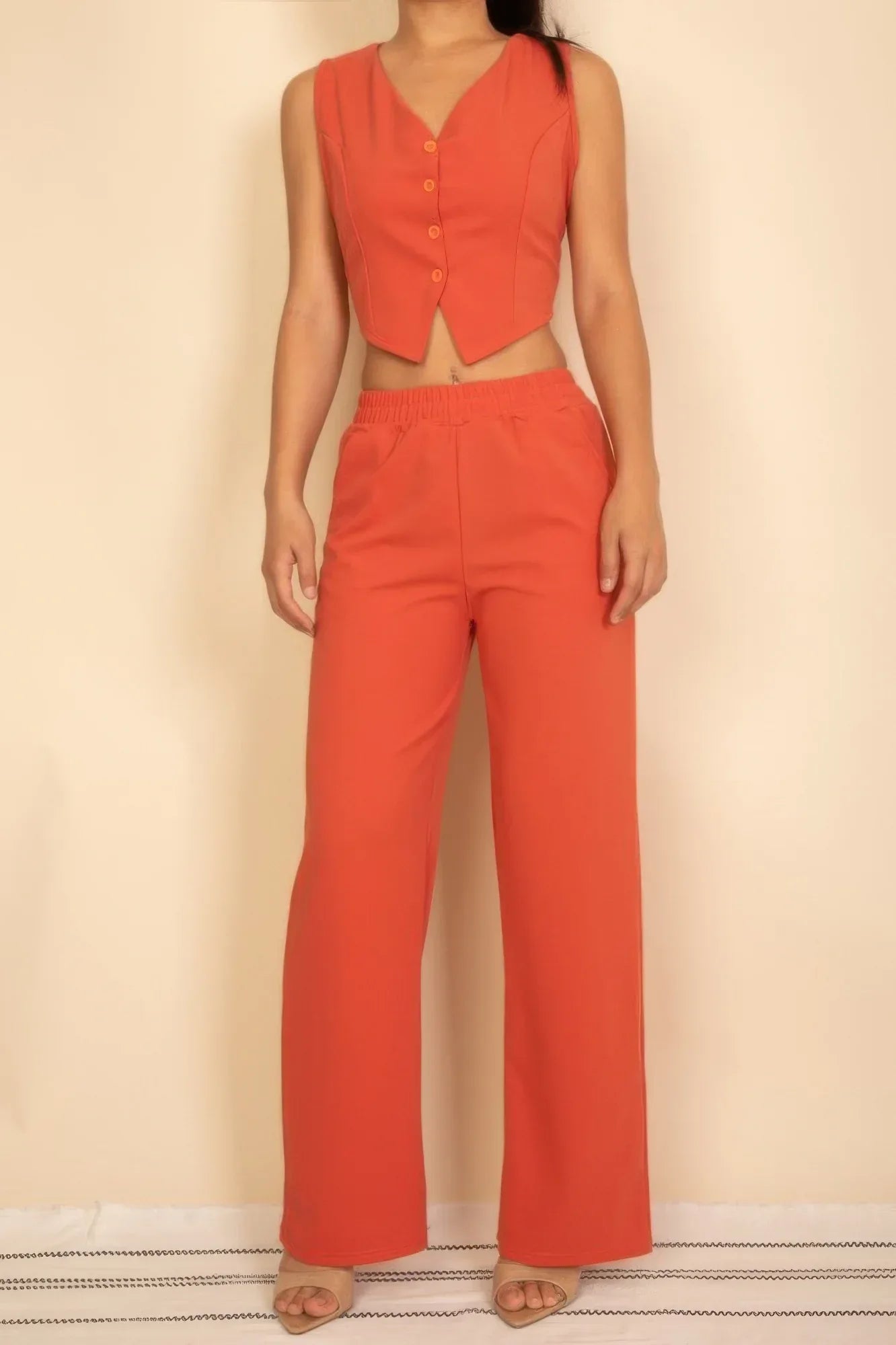 Tailored Button Vest With Adjustable Back Tie & Wide Leg Pants Set | Mixtshop LLC