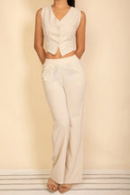 Tailored Button Vest With Adjustable Back Tie & Wide Leg Pants Set | Mixtshop LLC