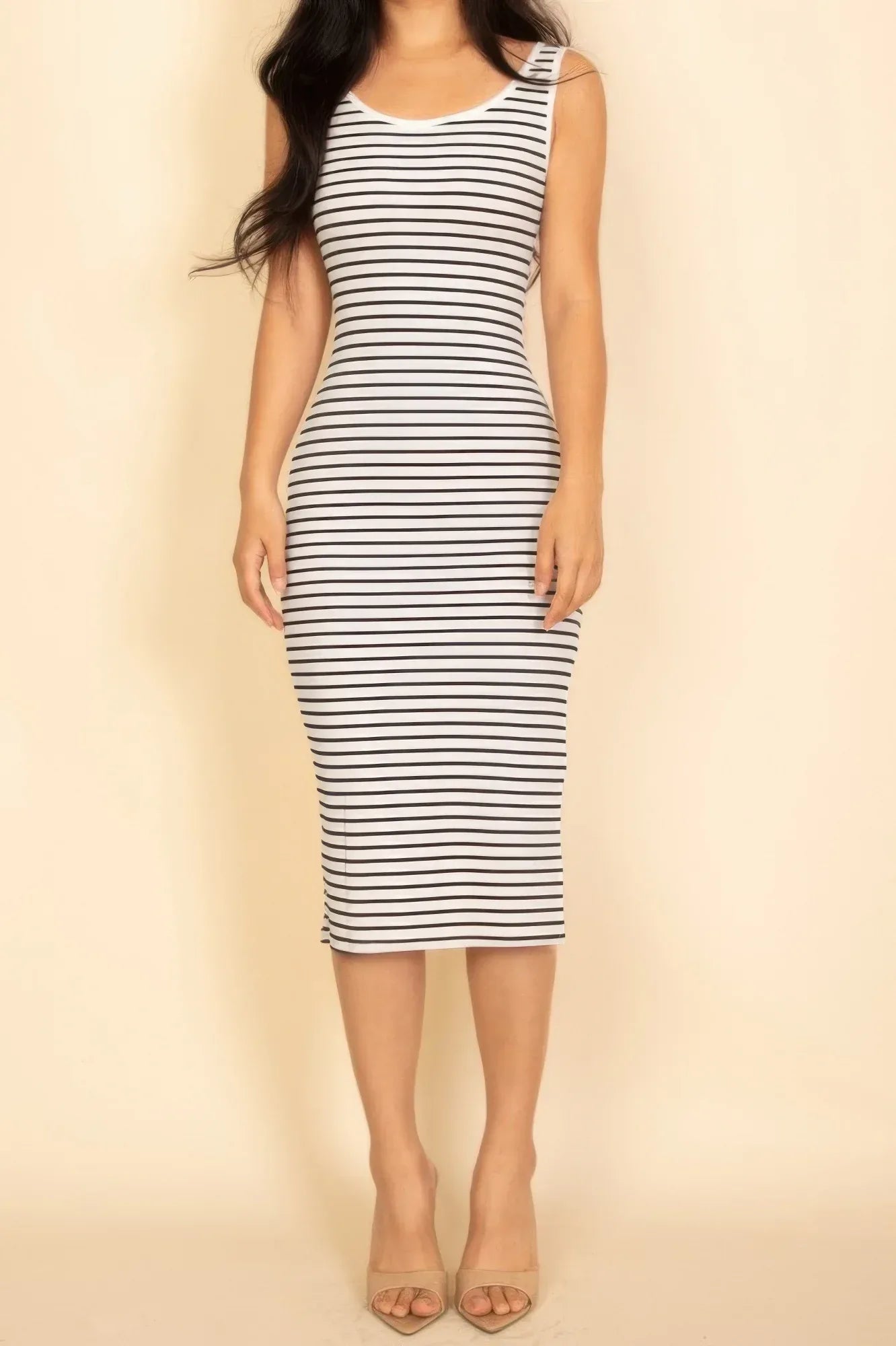 Ribbed Striped Sleeveless Midi Dress With Side Slit | Mixtshop LLC