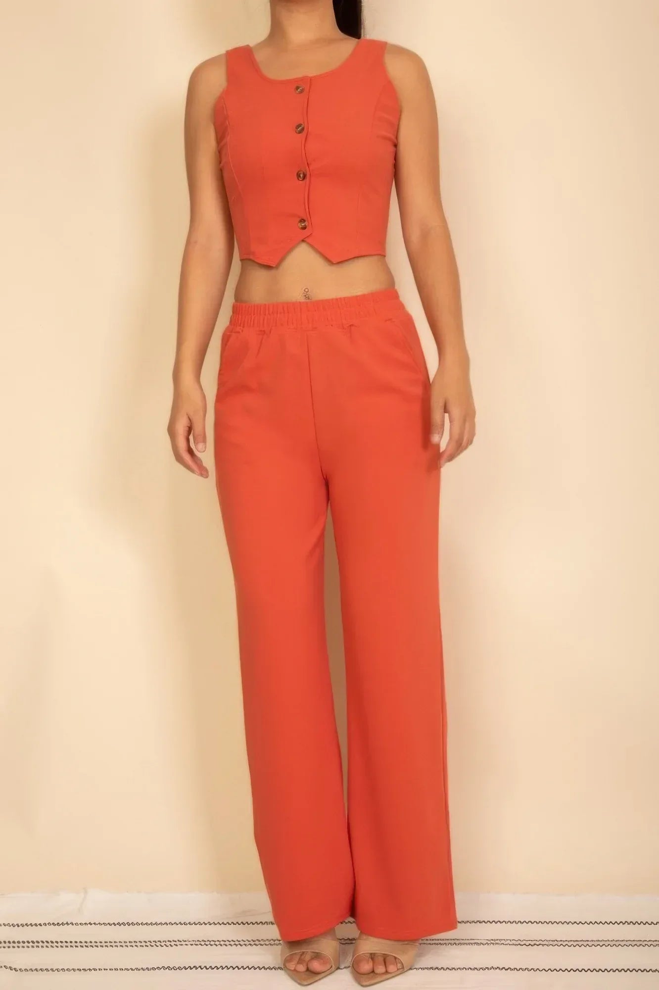 Scoop Neck Button Vest & Wide Leg Pants Set | Mixtshop LLC Main image