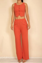 Scoop Neck Button Vest & Wide Leg Pants Set | Mixtshop LLC