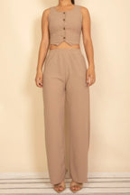 Scoop Neck Button Vest & Wide Leg Pants Set | Mixtshop LLC