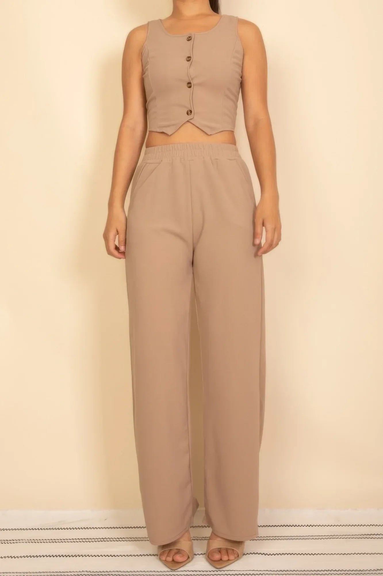 Scoop Neck Button Vest & Wide Leg Pants Set | Mixtshop LLC