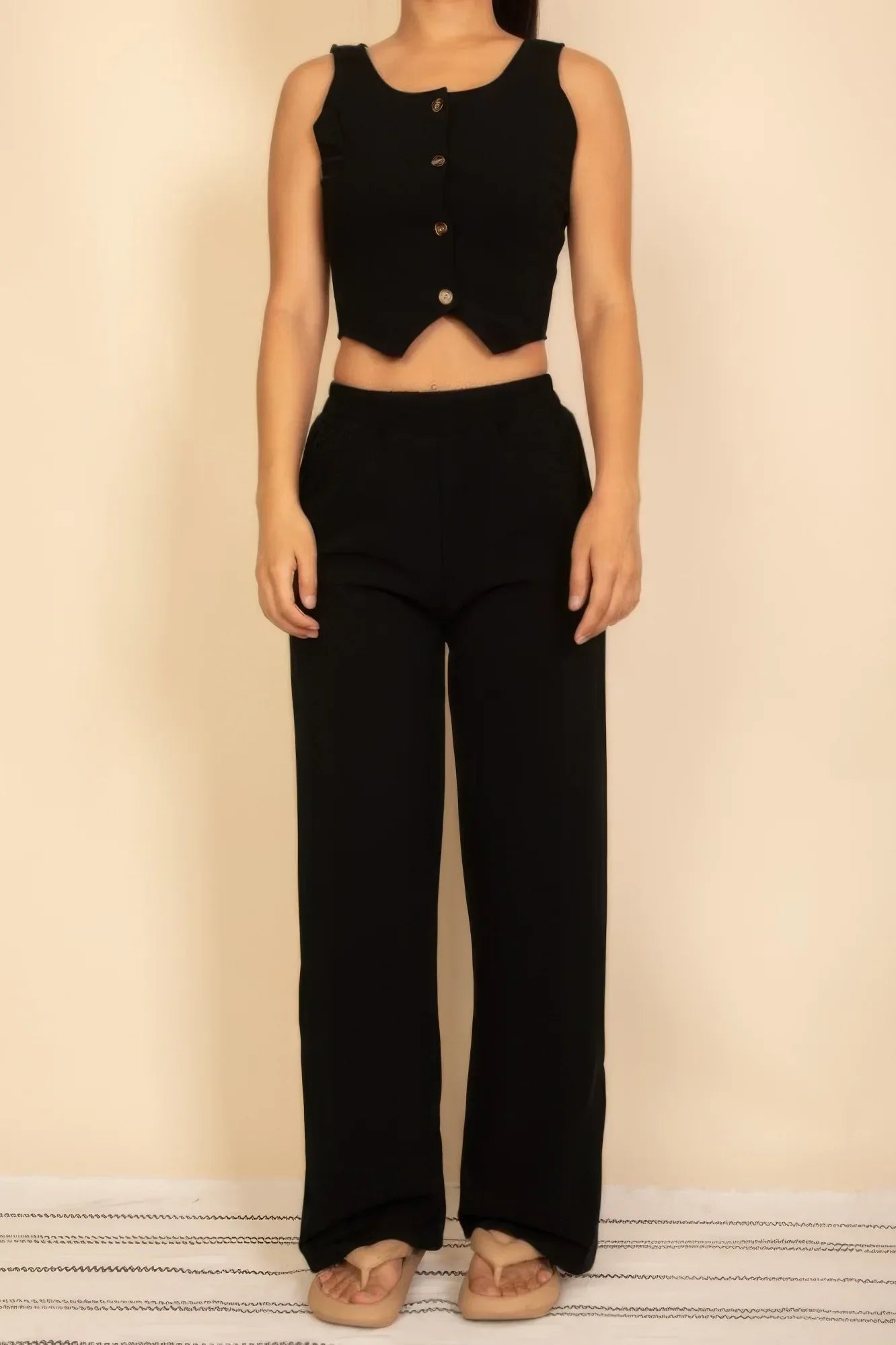 Scoop Neck Button Vest & Wide Leg Pants Set | Mixtshop LLC