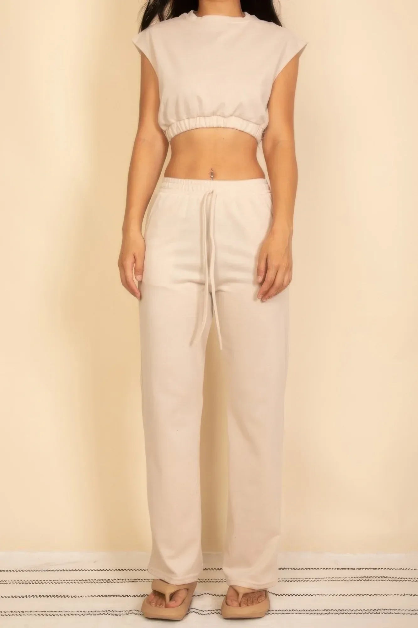 Elastic Hem Crop Top & Wide Leg Pants Set With Faux Drawstring | Mixtshop LLC