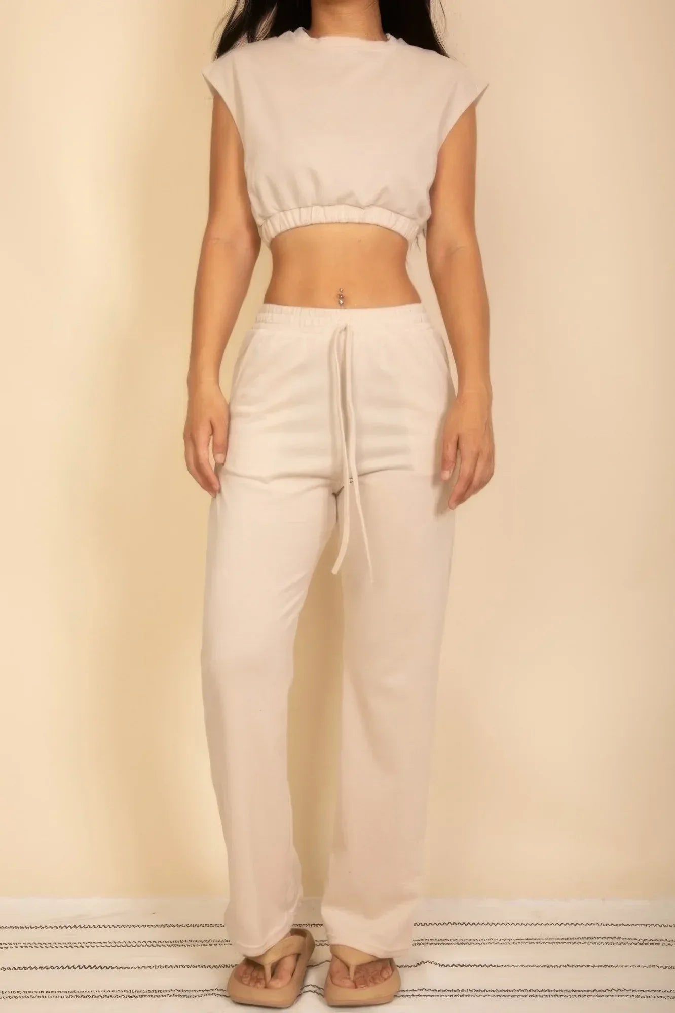 Elastic Hem Crop Top & Wide Leg Pants Set With Faux Drawstring Secondary image