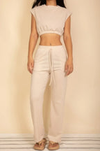Elastic Hem Crop Top & Wide Leg Pants Set With Faux Drawstring | Mixtshop LLC