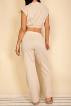 Elastic Hem Crop Top & Wide Leg Pants Set With Faux Drawstring | Mixtshop LLC