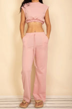Elastic Hem Crop Top & Wide Leg Pants Set With Faux Drawstring | Mixtshop LLC
