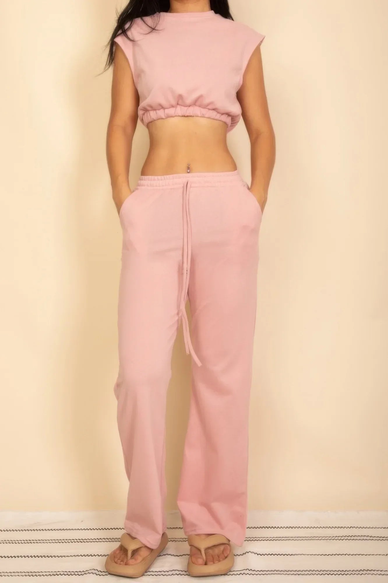 Elastic Hem Crop Top & Wide Leg Pants Set With Faux Drawstring | Mixtshop LLC