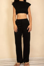 Elastic Hem Crop Top & Wide Leg Pants Set With Faux Drawstring | Mixtshop LLC