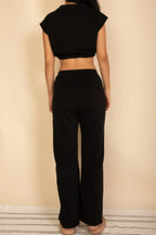 Elastic Hem Crop Top & Wide Leg Pants Set With Faux Drawstring | Mixtshop LLC