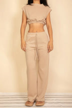 Elastic Hem Crop Top & Wide Leg Pants Set With Faux Drawstring | Mixtshop LLC