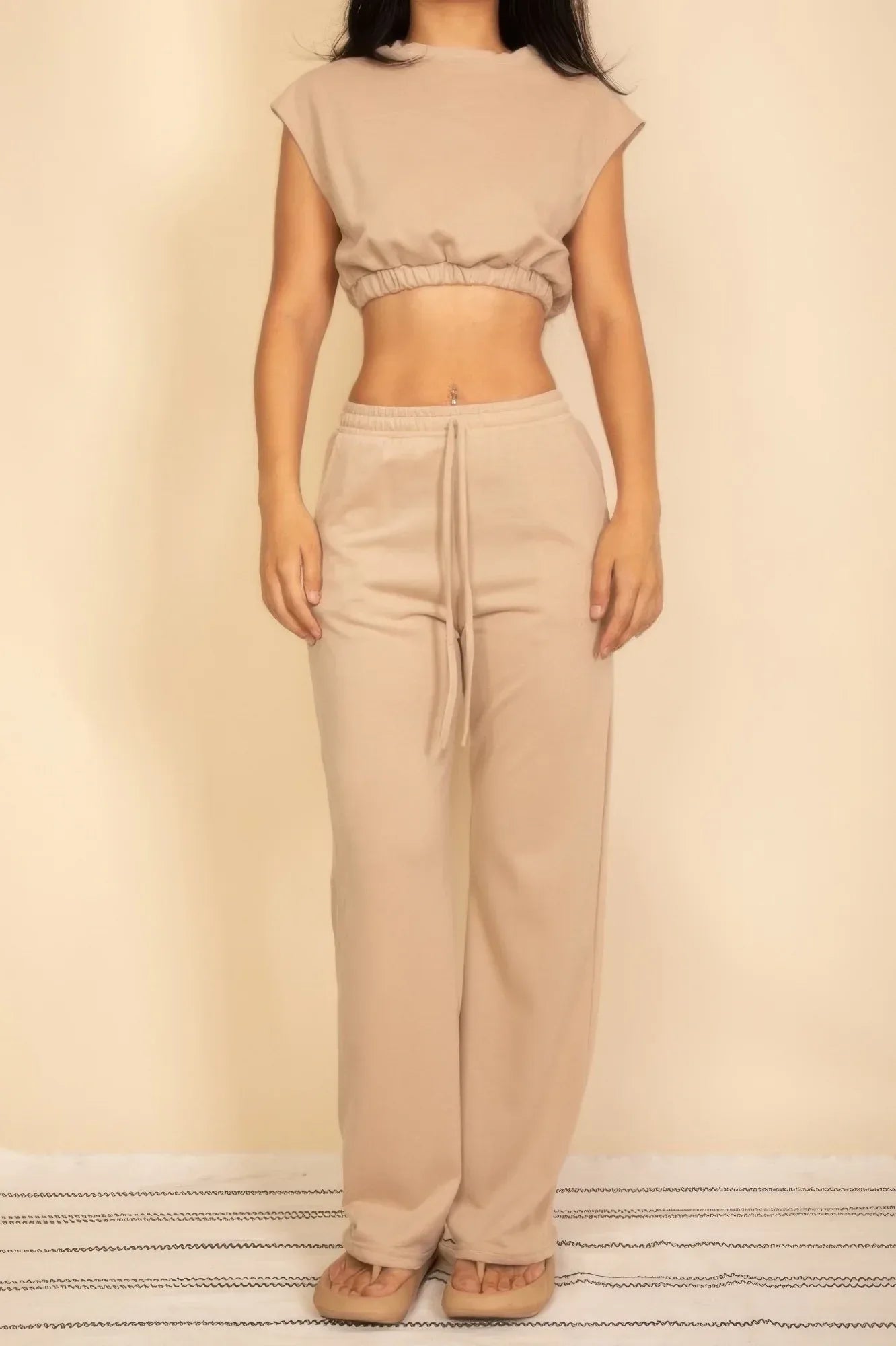 Elastic Hem Crop Top & Wide Leg Pants Set With Faux Drawstring | Mixtshop LLC