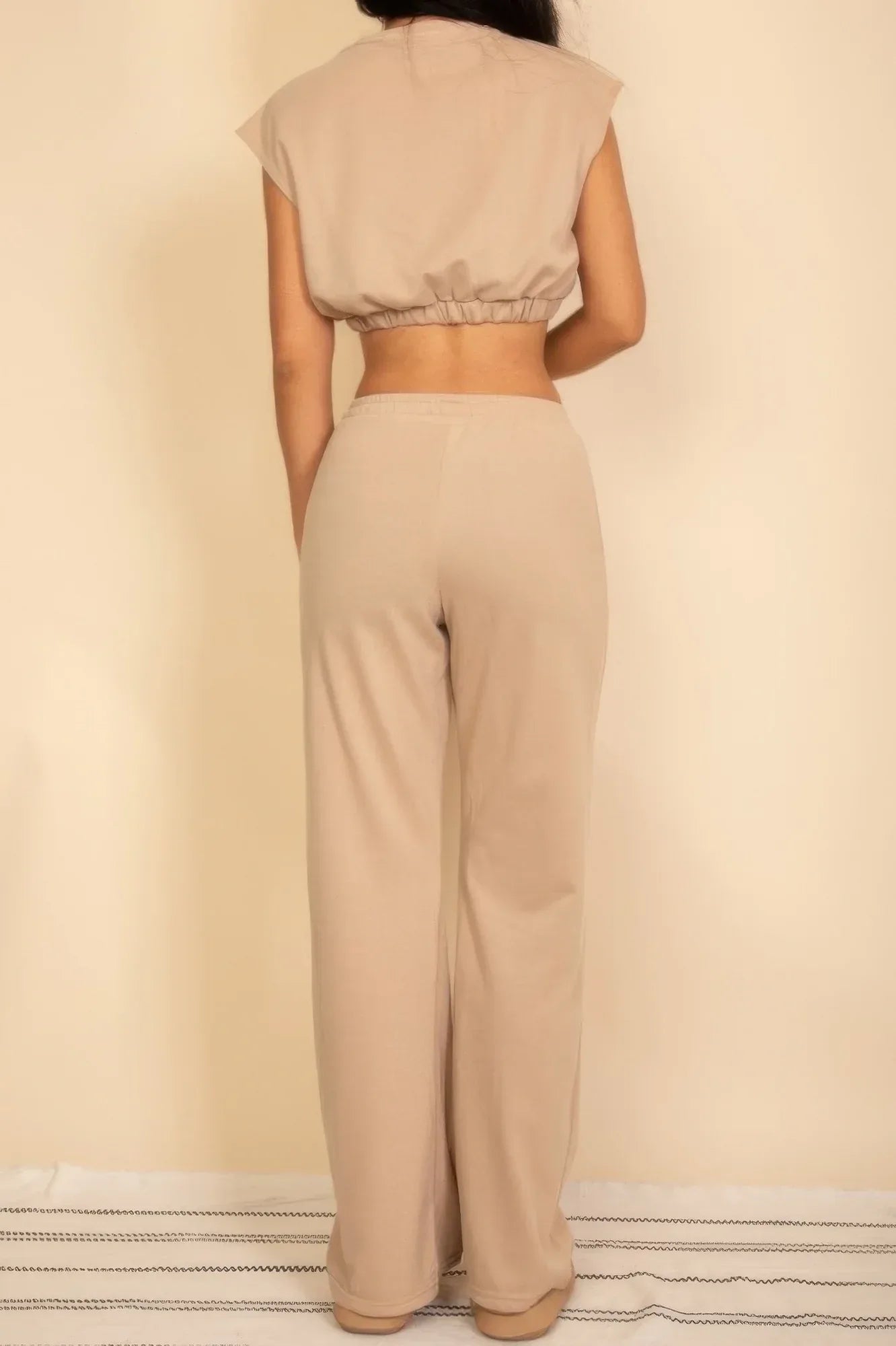 Elastic Hem Crop Top & Wide Leg Pants Set With Faux Drawstring | Mixtshop LLC