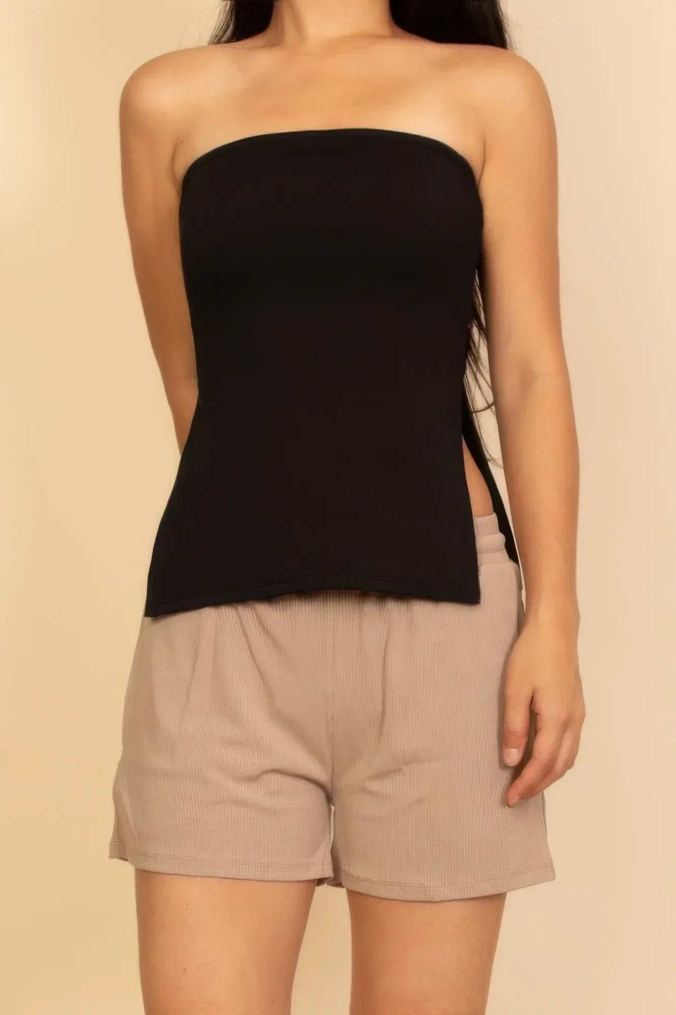 Strapless Ribbed Side-slit Flare Top | Mixtshop LLC