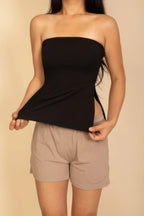 Strapless Ribbed Side-slit Flare Top | Mixtshop LLC