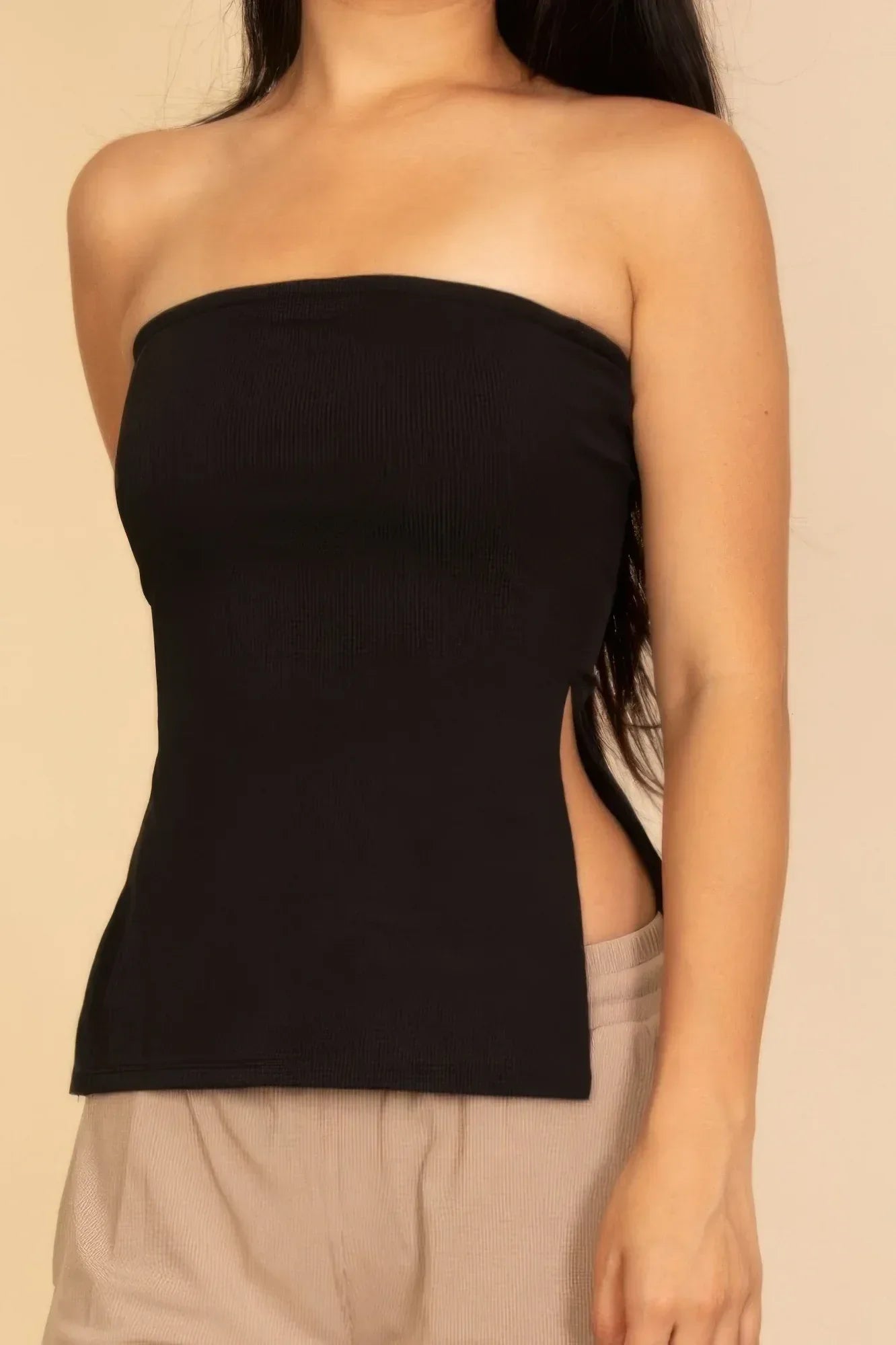 Strapless Ribbed Side-slit Flare Top | Mixtshop LLC