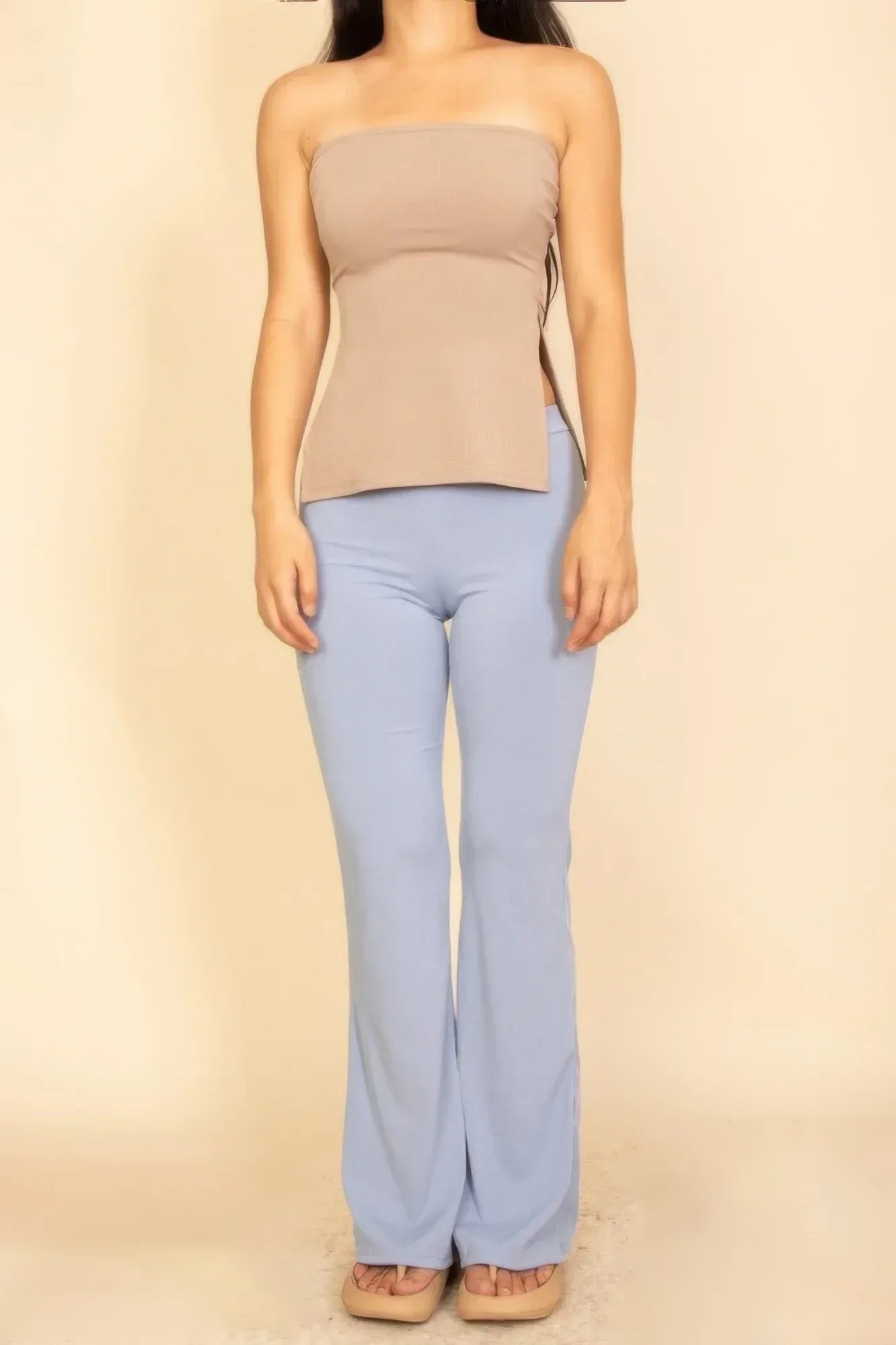 Strapless Ribbed Side-slit Flare Top | Mixtshop LLC