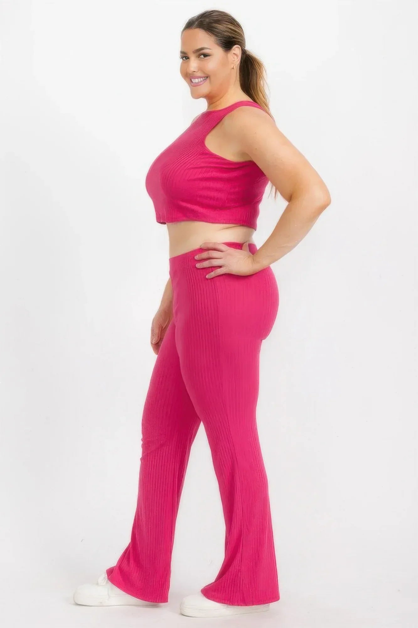 Plus Ribbed Cropped Top And Bootcut Pants Sets Secondary image