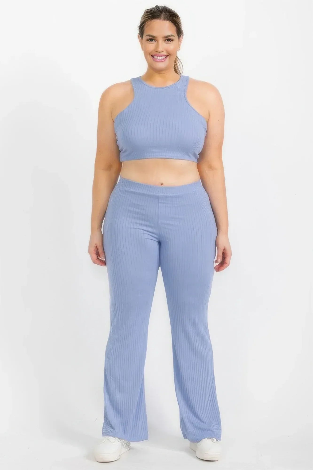 Plus Ribbed Cropped Top And Bootcut Pants Sets | Mixtshop LLC