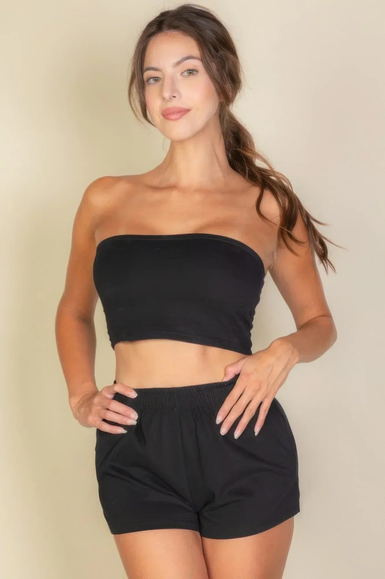 Simple Solid Color Tube Top And Shorts Two Piece Set | Mixtshop LLC Main image