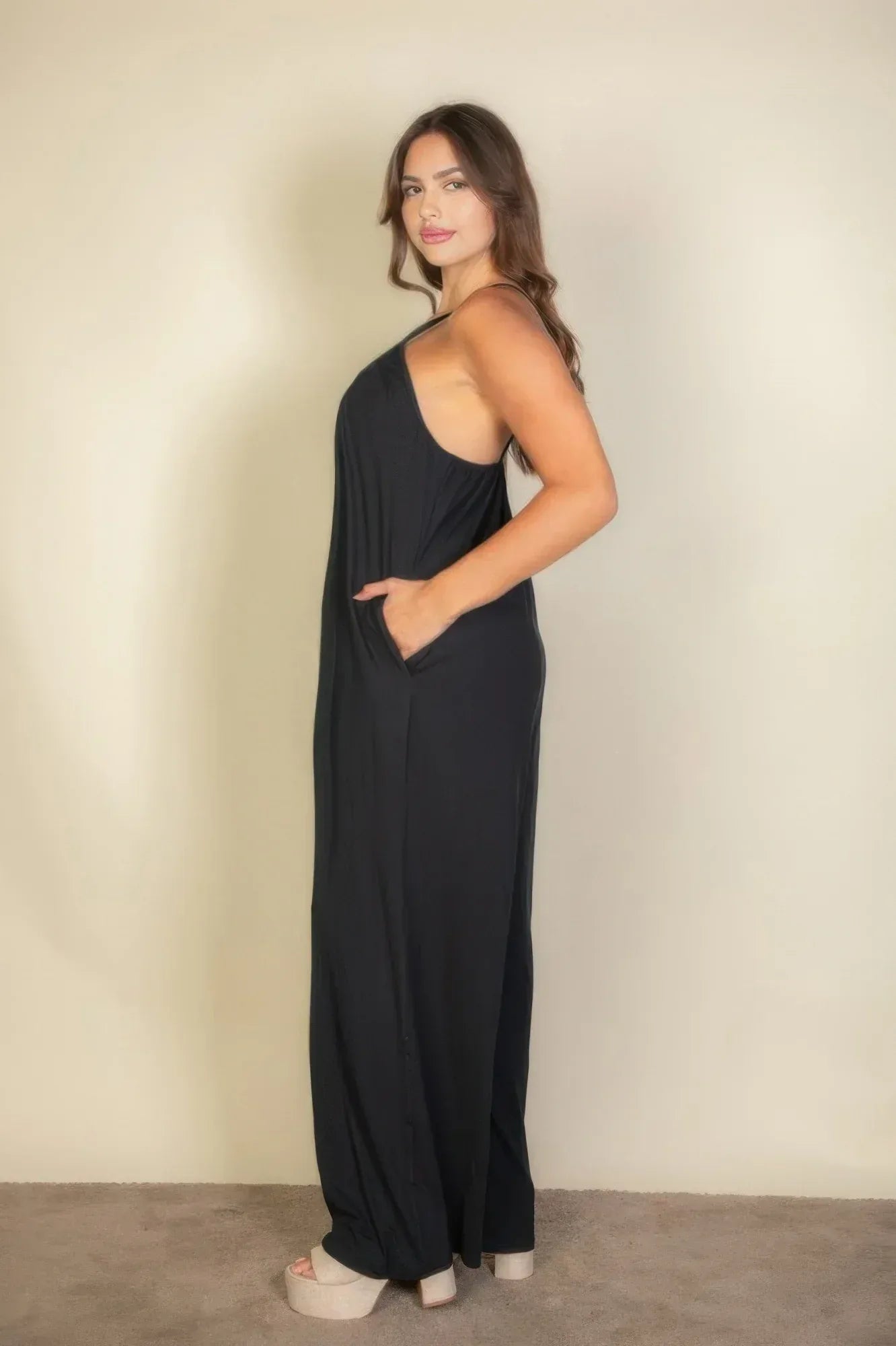 Plus Spaghetti Strap Solid Wide Jumpsuit | Mixtshop LLC