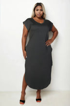 Plus Size Hidden Pocket Batwing Sleeve V Neck Long Dress | Mixtshop LLC
