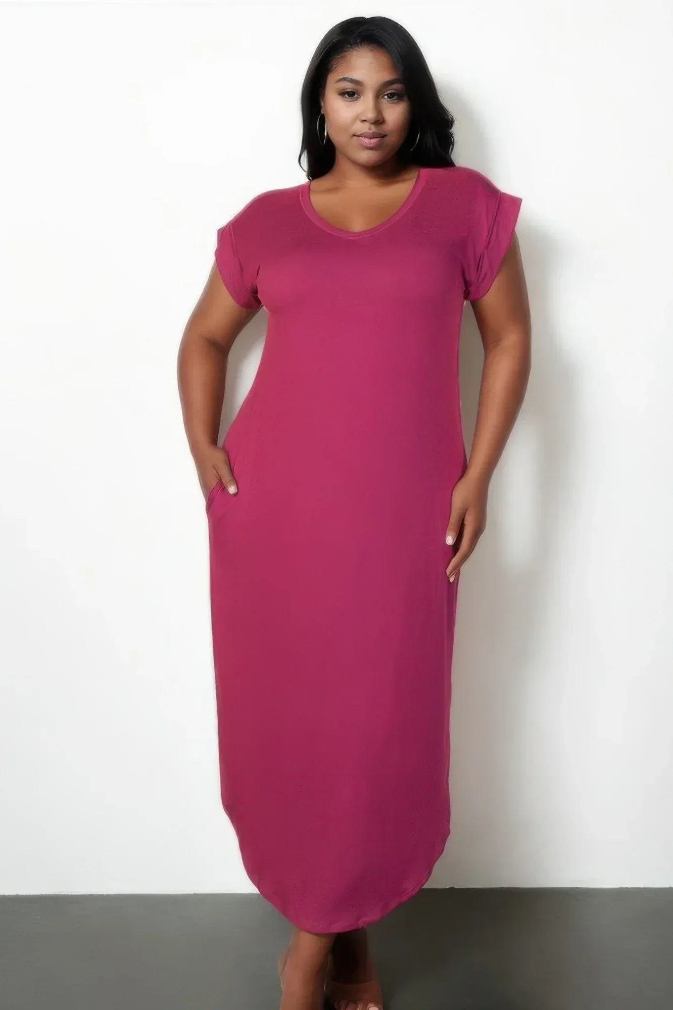 Plus Size Hidden Pocket Batwing Sleeve V Neck Long Dress | Mixtshop LLC