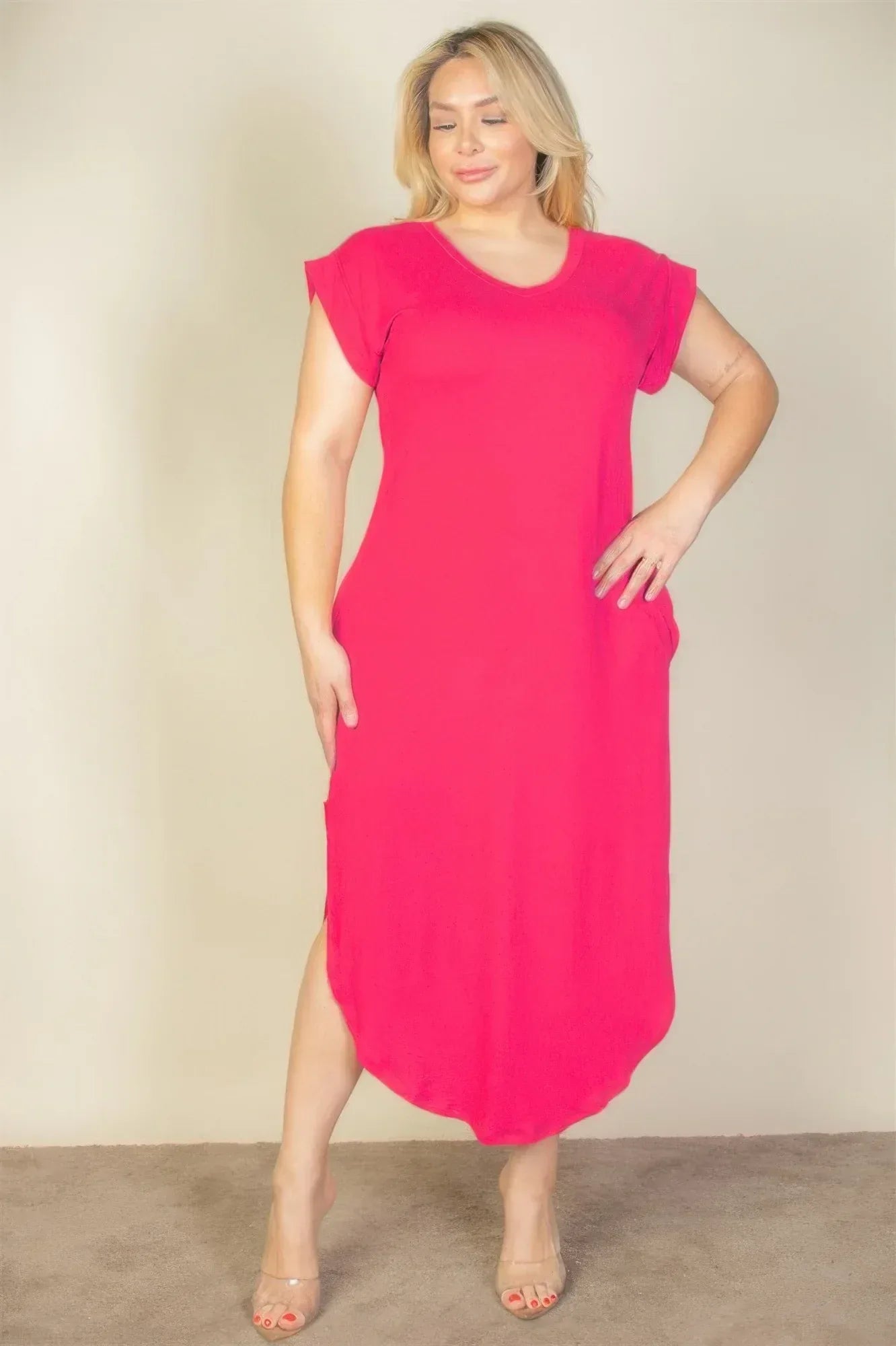 Plus Size Hidden Pocket Batwing Sleeve V Neck Long Dress | Mixtshop LLC