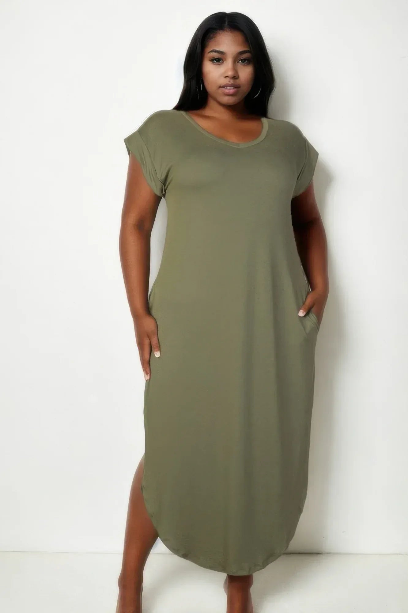 Plus Size Hidden Pocket Batwing Sleeve V Neck Long Dress | Mixtshop LLC