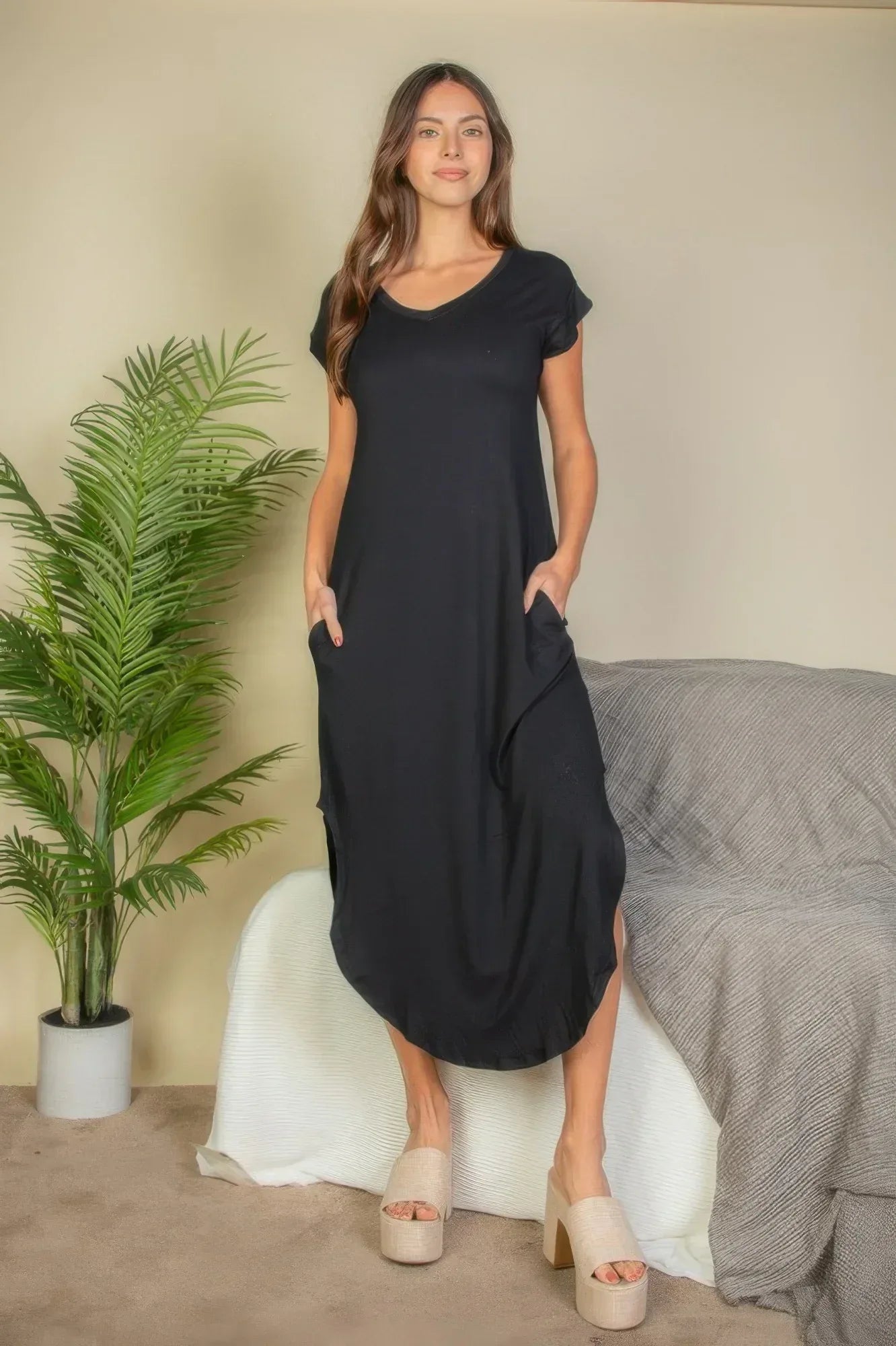 Hidden Pocket Batwing Sleeve V Neck Long Dress | Mixtshop LLC