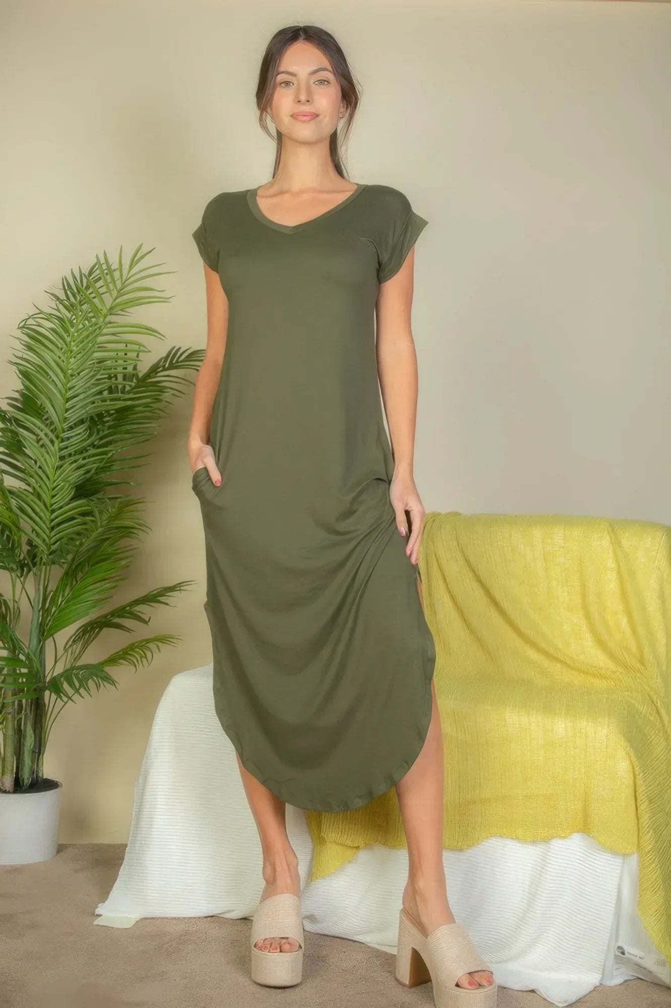 Hidden Pocket Batwing Sleeve V Neck Long Dress | Mixtshop LLC