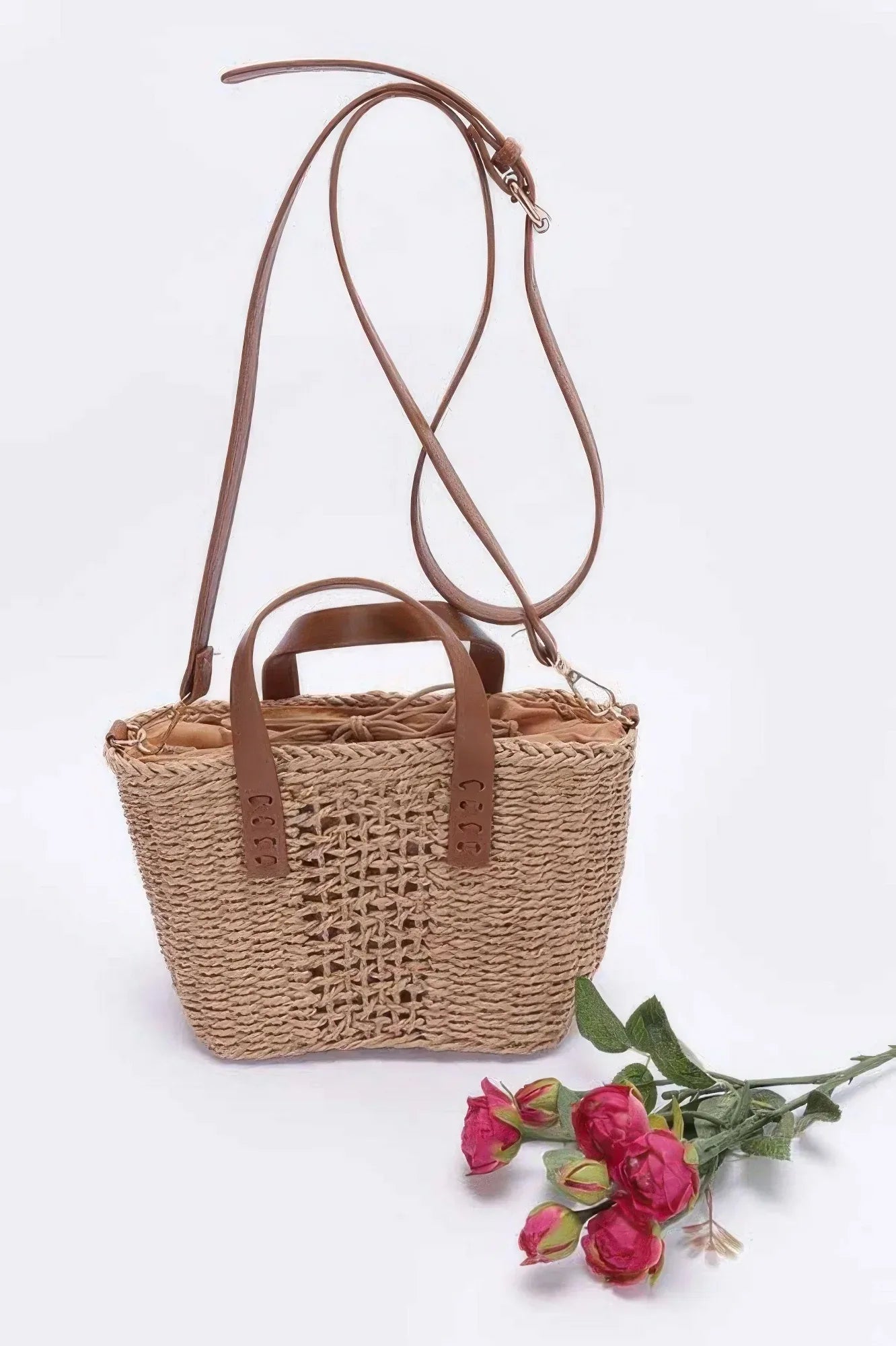 Faux Straw Top Handle Small Tote Bag Secondary image